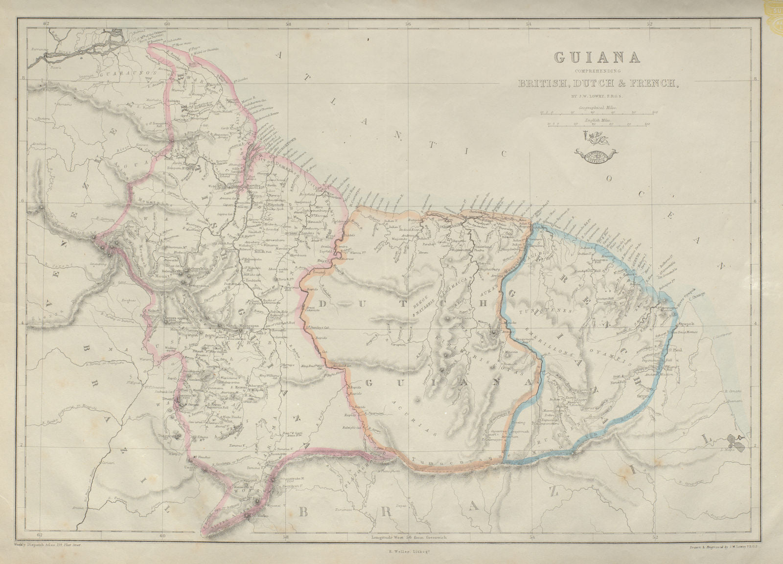 'Guiana Comprehending British, Dutch & French' Suriname Guyana.  LOWRY 1862 map